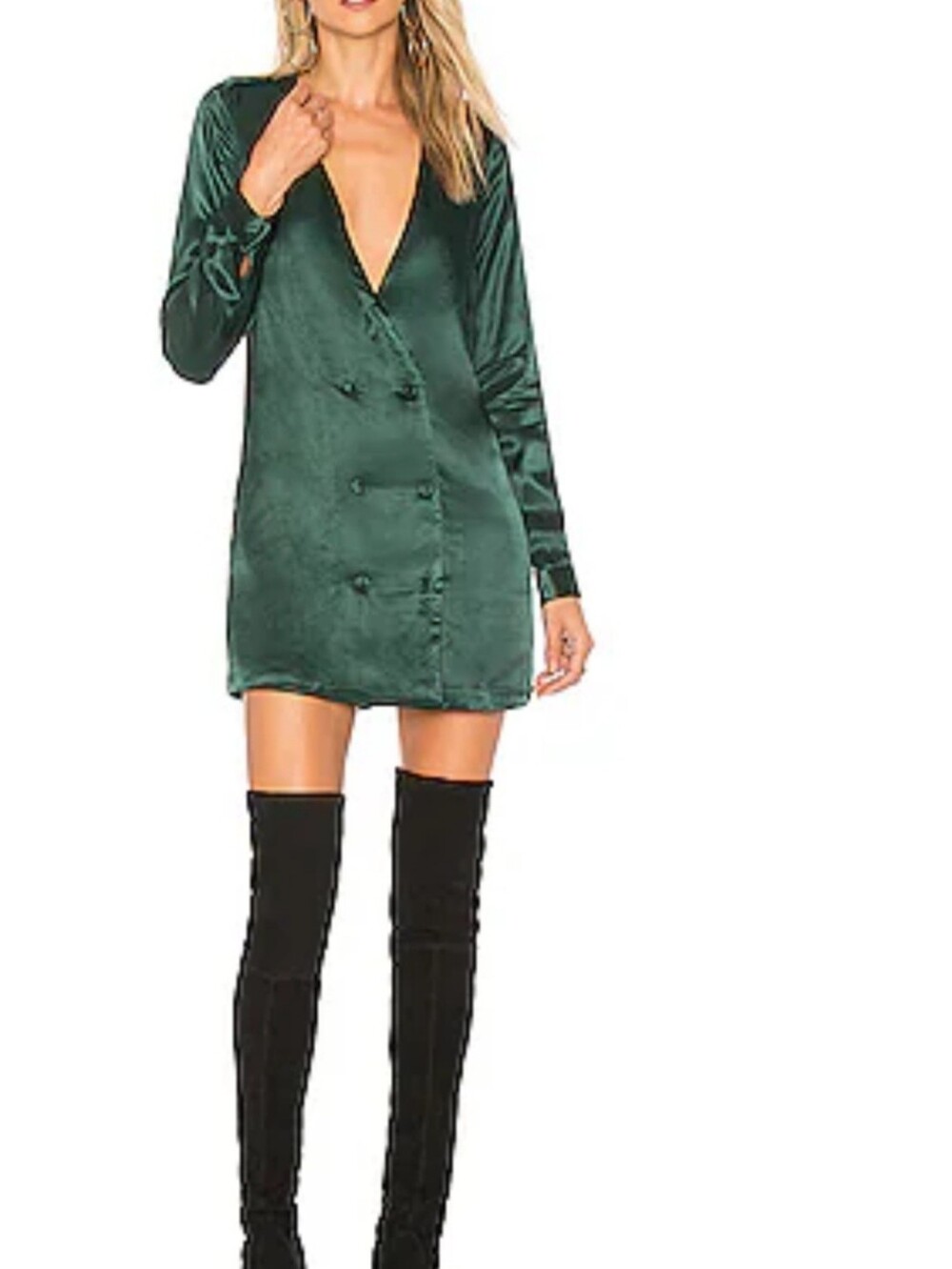 L'Academie Emerald Green Satin Double-Breasted V-Neck Mini Dress